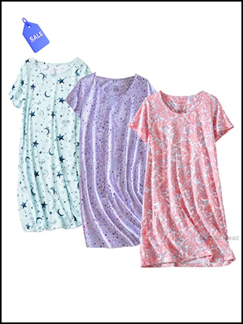 Cotton Nightgown Short Sleeve T-Shirt Sleepdress Print 3 Pack